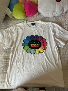 White  Graphic Tee with Rainbow Flower Print